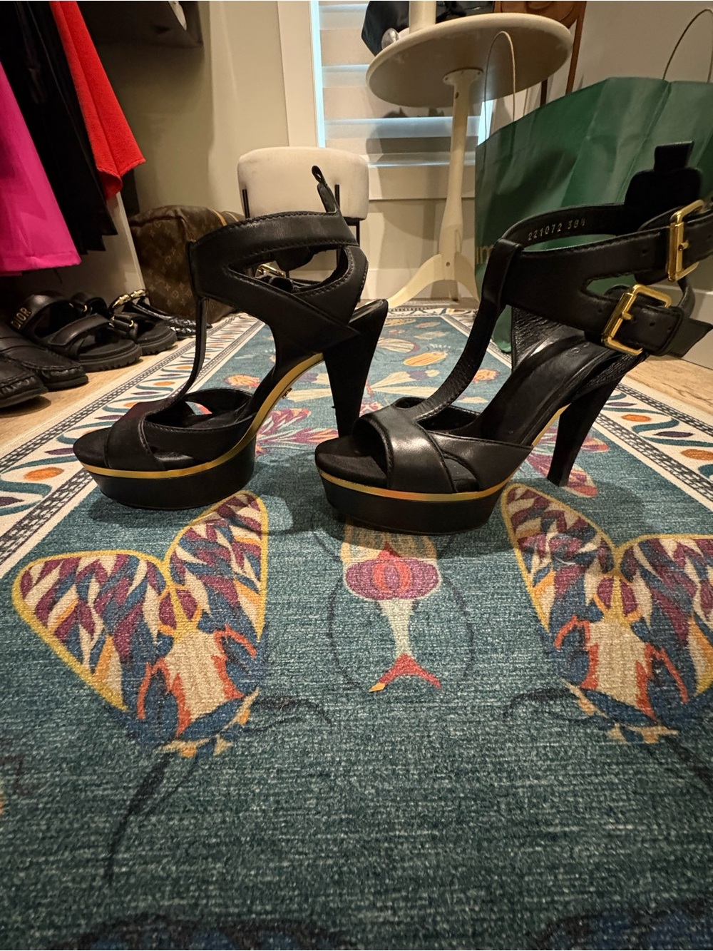 Gucci Black Leather Platform Iman Ankle-Strap Heels with Gold Accent. Size 38.5.